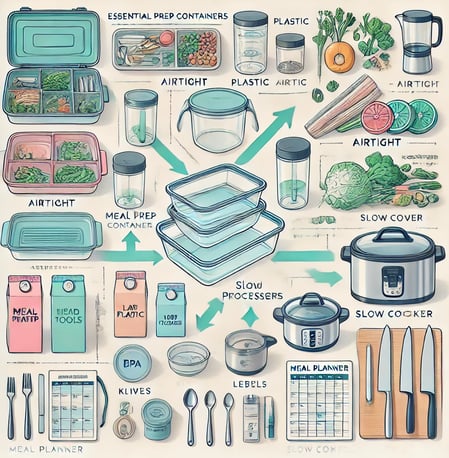 Diagram showing the relationships among essential meal prep containers and tools for efficient meal planning.