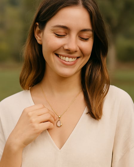 chica emocionada con su colgante de sobrino joyeros