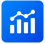 a blue and white icon of a bar chart showing a bar chart of a bar