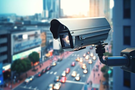 a camera mounted on a wall in a city
