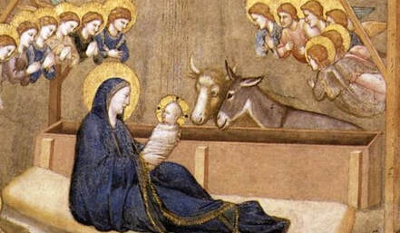 a painting of a nativity of Mary and Jesus in a nativity of a donkey