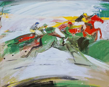 oeuvre d'art animalier- artiste peintre -peinture- cheval - courses