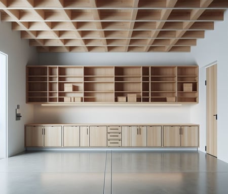 a garage with Custom shelving and storage