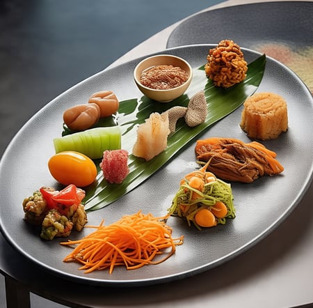 a plate with a variety of food items on it,article