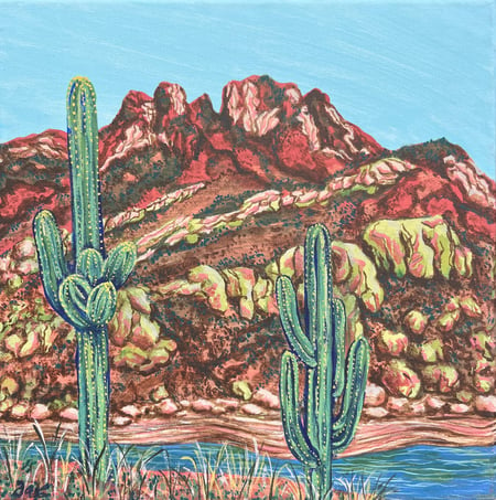 Second painting of two Saguaro Cactus at Bartlett Lake Arizona