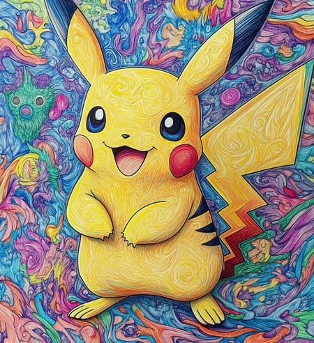 Een pikachu kleurplaat, ingekleurd met potlood in verschillende kleuren