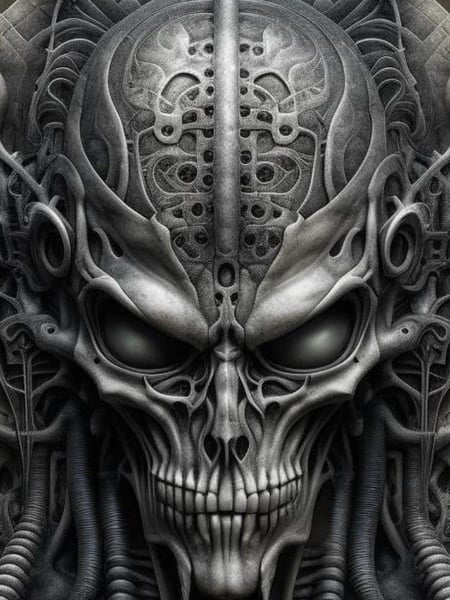 Ilustração de H. R. Giger apresentando uma caveira com detalhes biomecânicos.