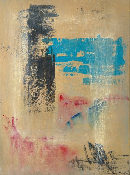 Black, azure, red marks on ochre background artwork