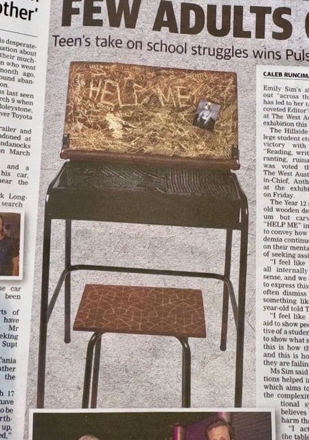 News article about a teen school student's cry for help.