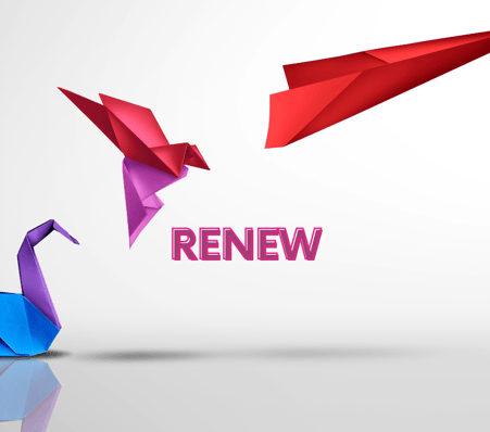 a paper swan transforms into a paper plane over the words renew