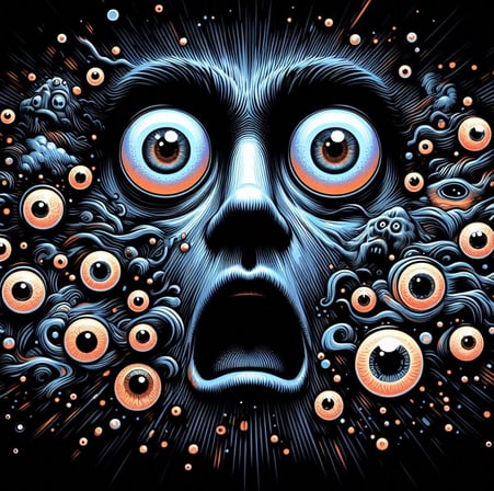 2 eyes wide open looking startled, and surrounded by other eyes