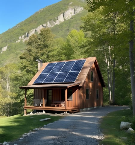 a small cabin with solar panels on the roof