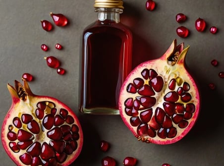 a bottle with red pomegranate oil on a table am two pomegranate