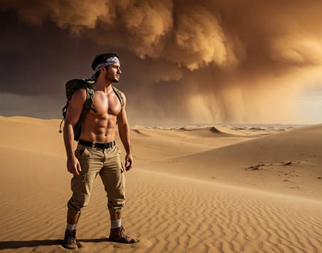 a man in a hat and a backpacker in the desert