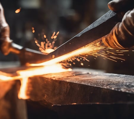 Hands hammering hot steel on an anvil to create a handcrafted blade