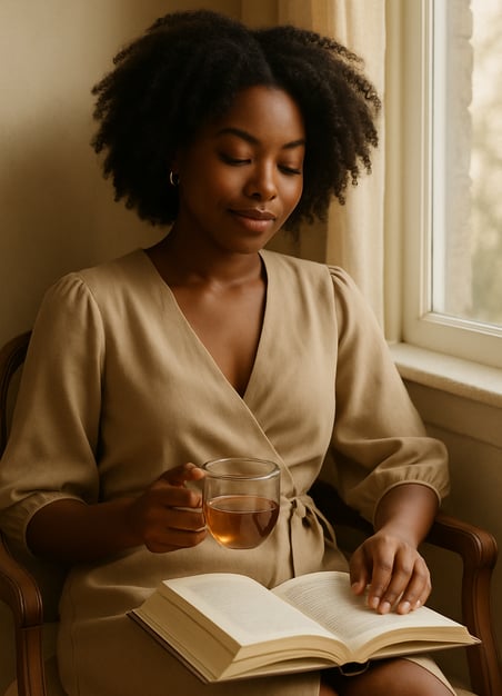 Black woman reading a book in natural light, symbolizing empowerment and reflection