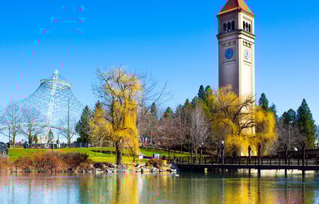 Spokane, WA - View from footbridge, the Clocktower & Spokane Pavillion in the background