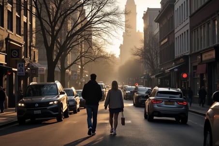 a couple walking down a street in the city
