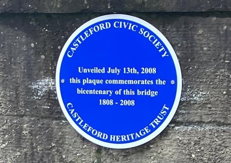 Blue plaque commemorating the bicentenary of Castleford Bridge.