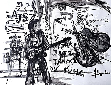 Peinture encre de Chine un guitariste rend hommage au King-2 Guitares en arrière plan