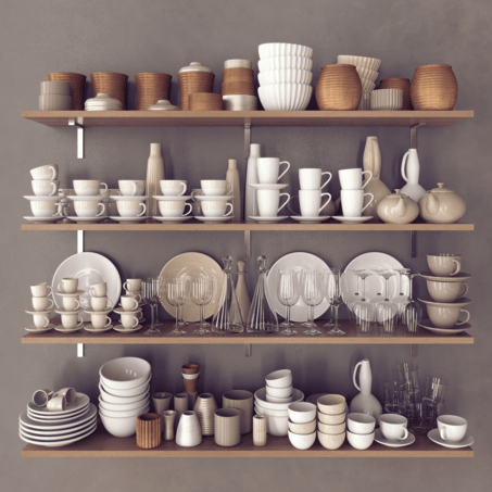Premium kitchenware and crockery displayed on wall racks by art of kitchen
