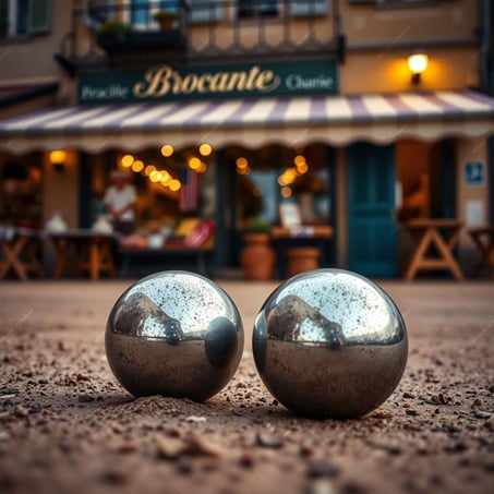 Ardèche, jeu de boules, pétanque, place et magasin de brocante