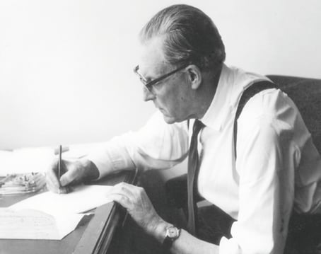 Julian Yeatman at work copywriting at his S H Benson Desk