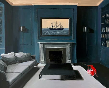 a painting of a living room with a couch and humming bird