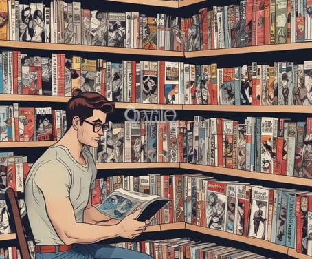 The focus is on a computer screen displaying an online store featuring T-shirts with various graphic designs. The left side of the image is blurred, showing indistinct colors and shapes, possibly a menu or food items.