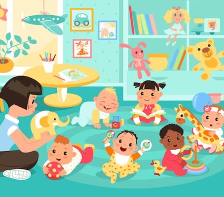 groupe d'enfants Astro'mômes jouant avec des jouets dans la crèche / micro-crèche