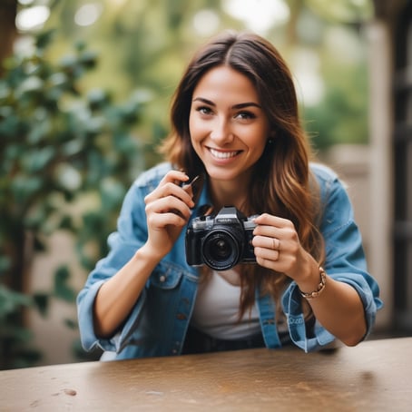 a woman holding a camera and smiling