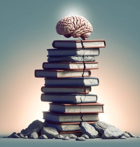 A brain atop a stack of books with cracks throughout demonstrating a weak knowledge foundation.