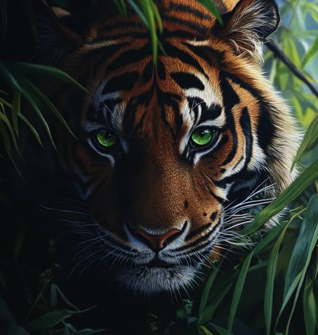 Tijgerhoofd tussen de balderen van jungle planten