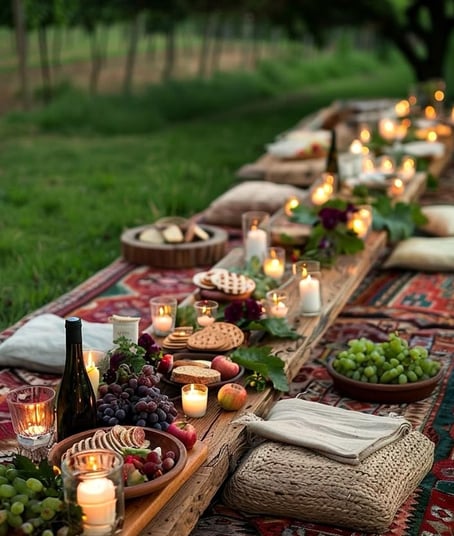 Rustic picnic-style table in a field with fruits, candles, and floor cushions.