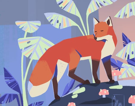 illustration renard colorée avec des palmiers 