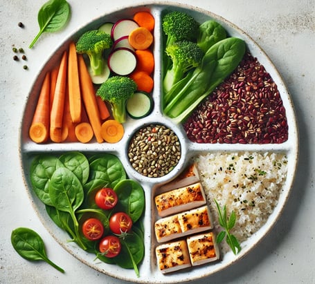A balanced plate showing portion sizes with vegetables, protein, and grains