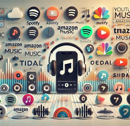 a wall with various musical instruments and music