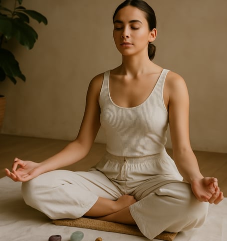 “Woman meditating with healing crystals during a holistic energy practice”