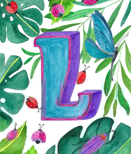 a colorful bright letter L is shown with butterflies, leaves, bugs 