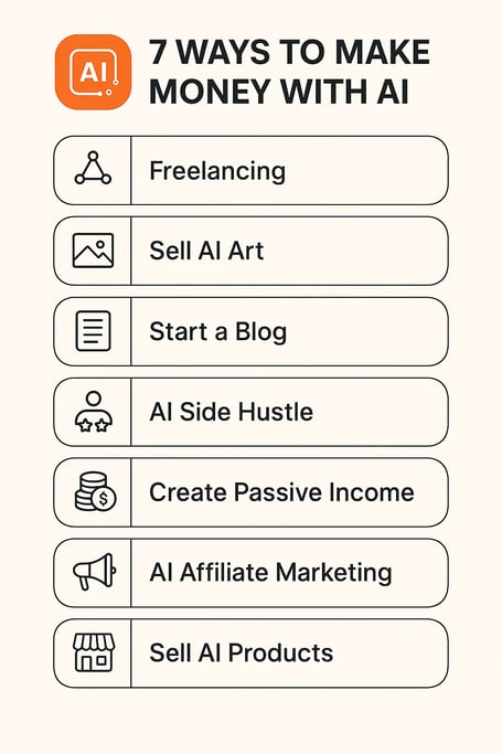 Infographic showing 7 ways to earn money with AI including freelancing, blogging, and affiliate mark