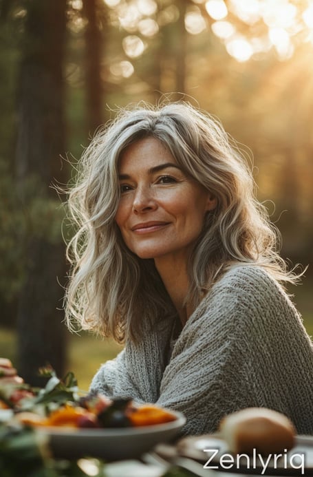 smiling woman enjoying an outdoor meal, representing natural nutrition and gentle gut support