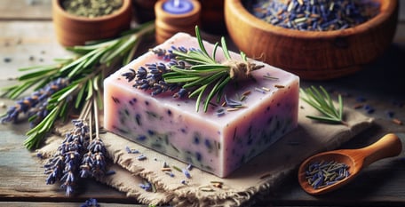a soap bar with lavender flowers rosemary sprig