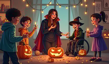 Illustration de fête d'Halloween avec une animatrice et des enfants dont un en situation de handicap