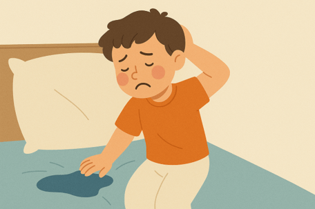 Un garçon découvre son lit mouillé au réveil, le visage triste, symbole de l’énurésie nocturne.