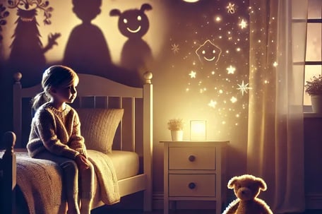 Enfant de 5 ans assis sur un lit, observant des ombres rassurantes, illustrant le développement normal de la peur du noir.