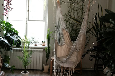 Fauteuil suspendu style bohème devant une fenêtre, nombreuses plantes