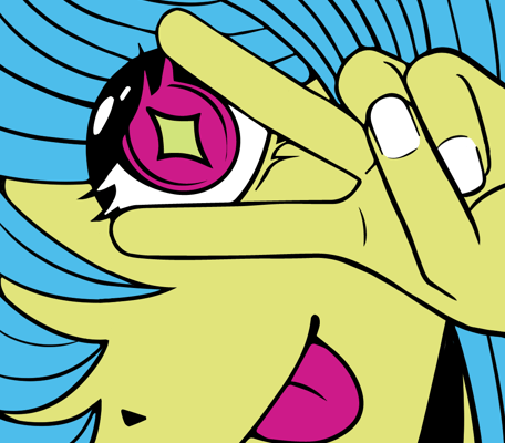 a cartoonish looking woman with blue hair and a pink eye