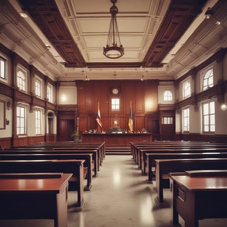 A courtroom with rich wooden paneling and a red curtain behind the judge's bench. The room features a central podium with a computer monitor, pale green carpet, and framed artwork on the wall. It is illuminated by overhead lighting, creating a formal and orderly atmosphere.