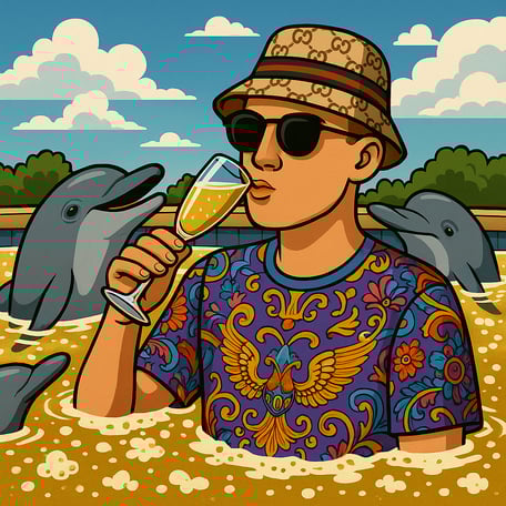 Hustensaft Jüngling, auch bekannt als Ole Finsterbusch, in ikonischem Outfit mit Sonnenbrille und Bucket Hat, inszeniert als