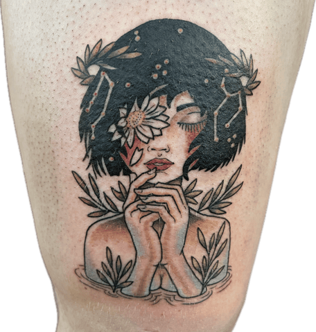 Tattoo Firl with Flowers and Plants in water
